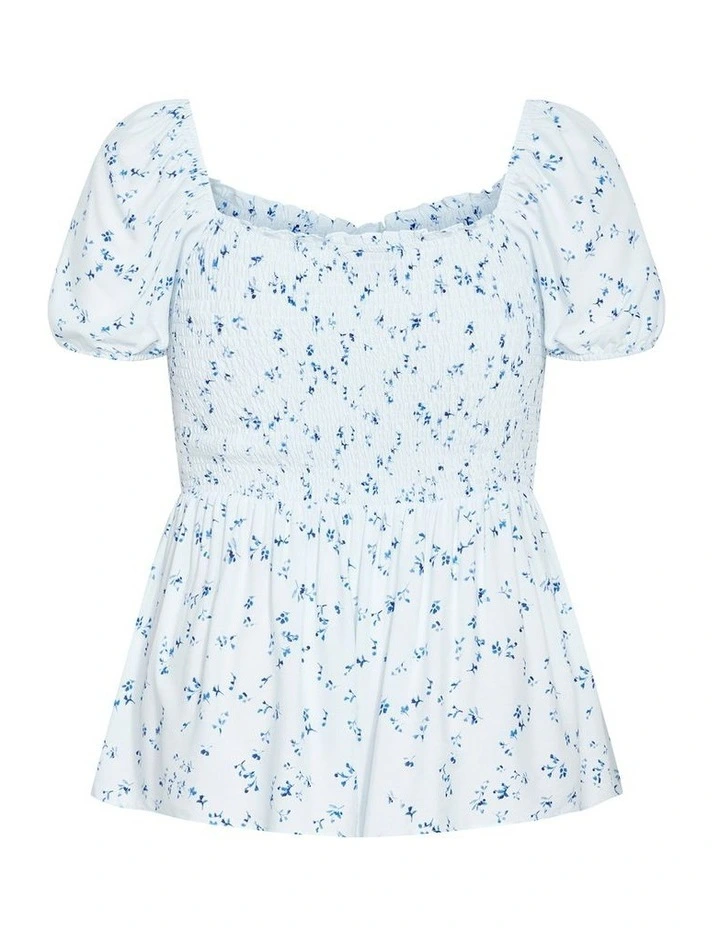 Azure Shirred Print Top in Sky Blue image 4