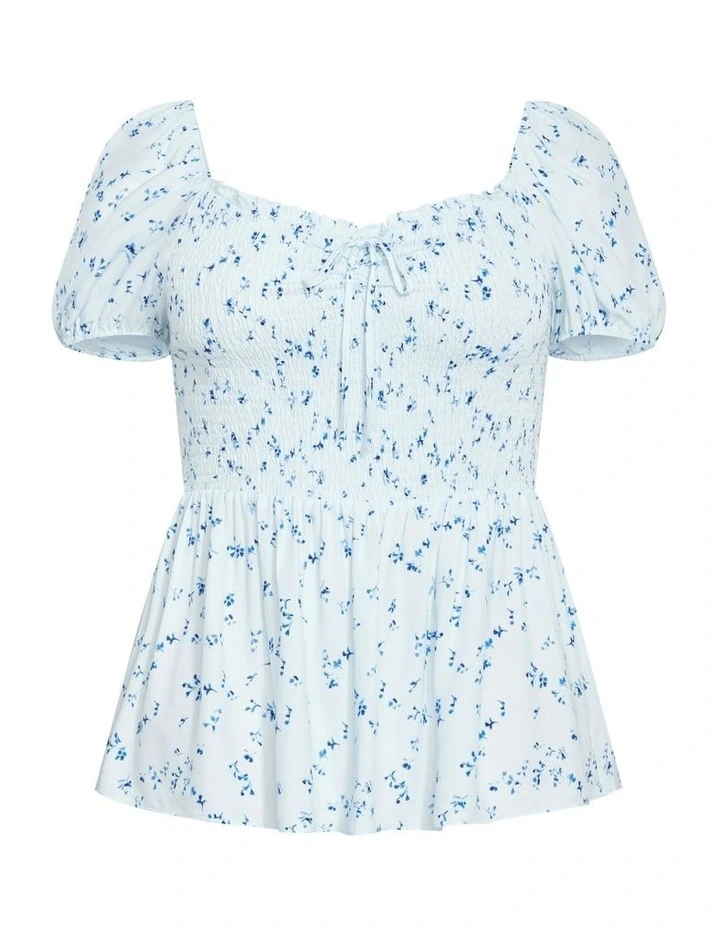 Azure Shirred Print Top in Sky Blue image 7