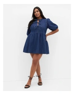 Tie Mini Denim Dress in Mid Wash