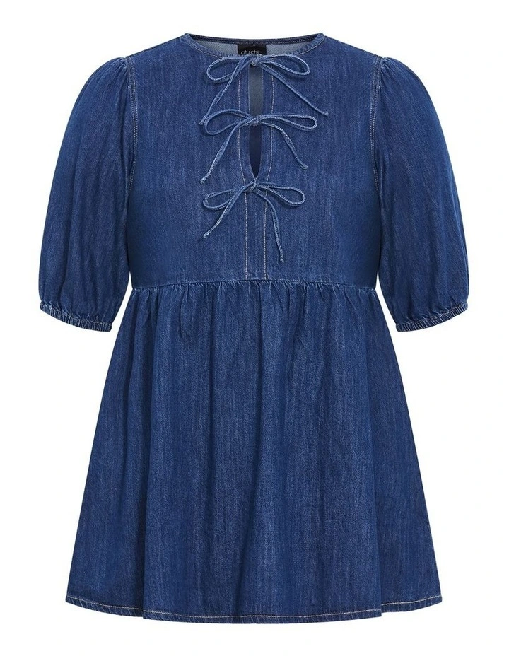 Tie Mini Denim Dress in Mid Wash image 3