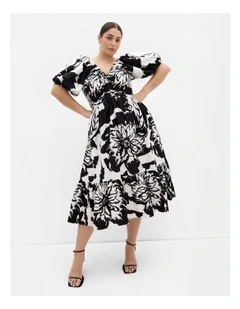 Gracey Print Puff Sleeve Midi Dress in Black