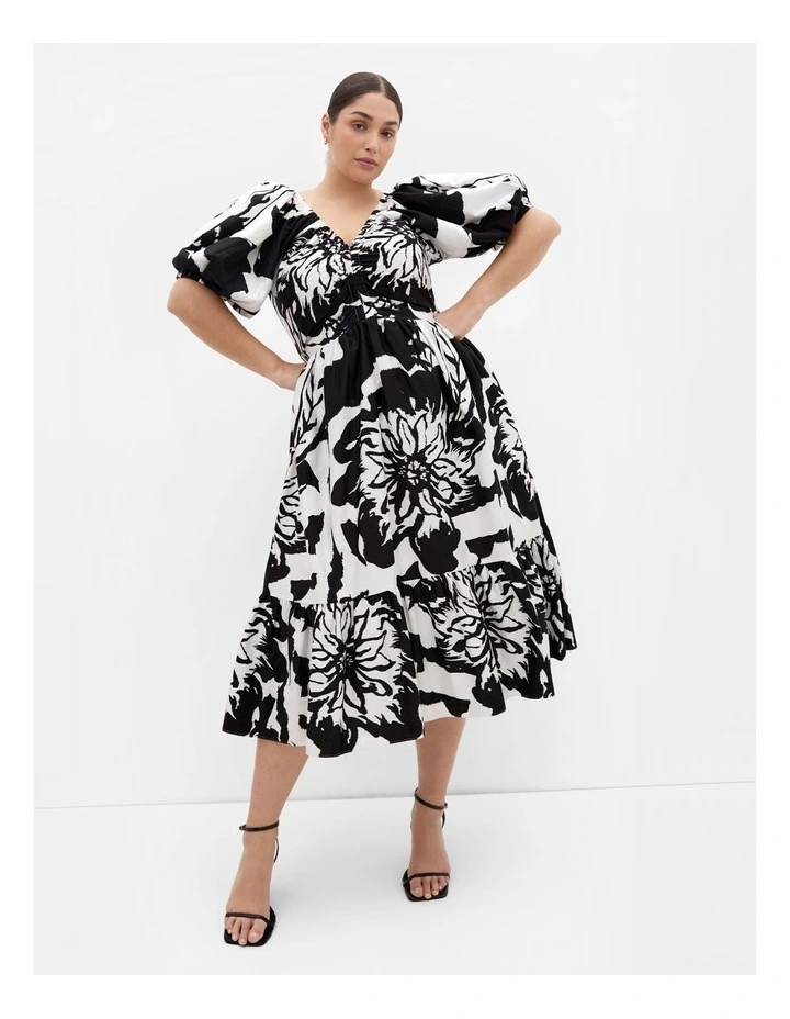 Gracey Print Puff Sleeve Midi Dress in Black image 1
