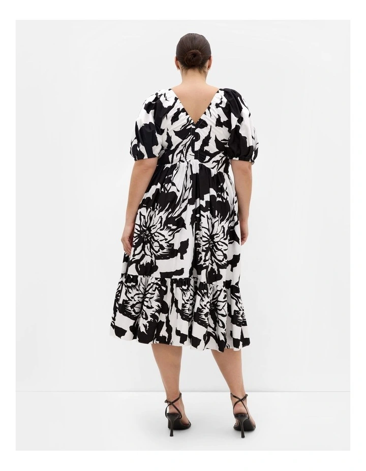 Gracey Print Puff Sleeve Midi Dress in Black image 2