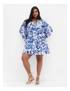 Stasia Print Wrap Mini Dress in Blue