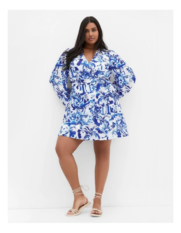 Stasia Print Wrap Mini Dress in Blue image 1