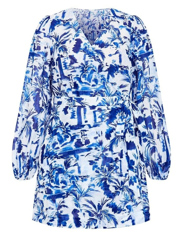 Stasia Print Wrap Mini Dress in Blue image 3