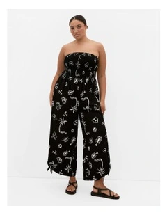 Smocked Print Jumpsuit in Black