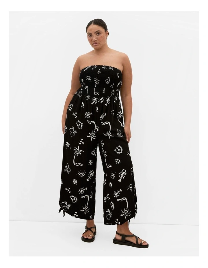 Smocked Print Jumpsuit in Black image 1