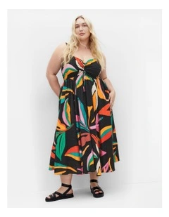 Maui Print Shirred Maxi Dress in Black