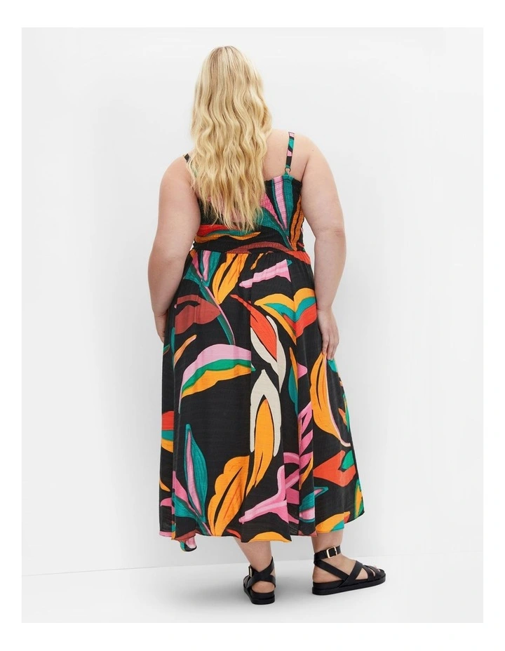 Maui Print Shirred Maxi Dress in Black image 2