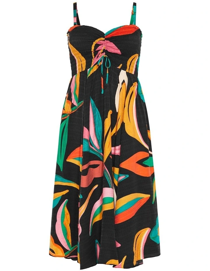 Maui Print Shirred Maxi Dress in Black image 3