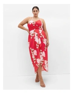 Lotus Print Maxi Dress in Coral Red