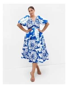 Gracey Print Puff Sleeve Midi Dress in White