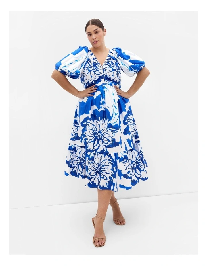 Gracey Print Puff Sleeve Midi Dress in White image 1
