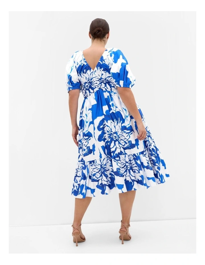 Gracey Print Puff Sleeve Midi Dress in White image 2