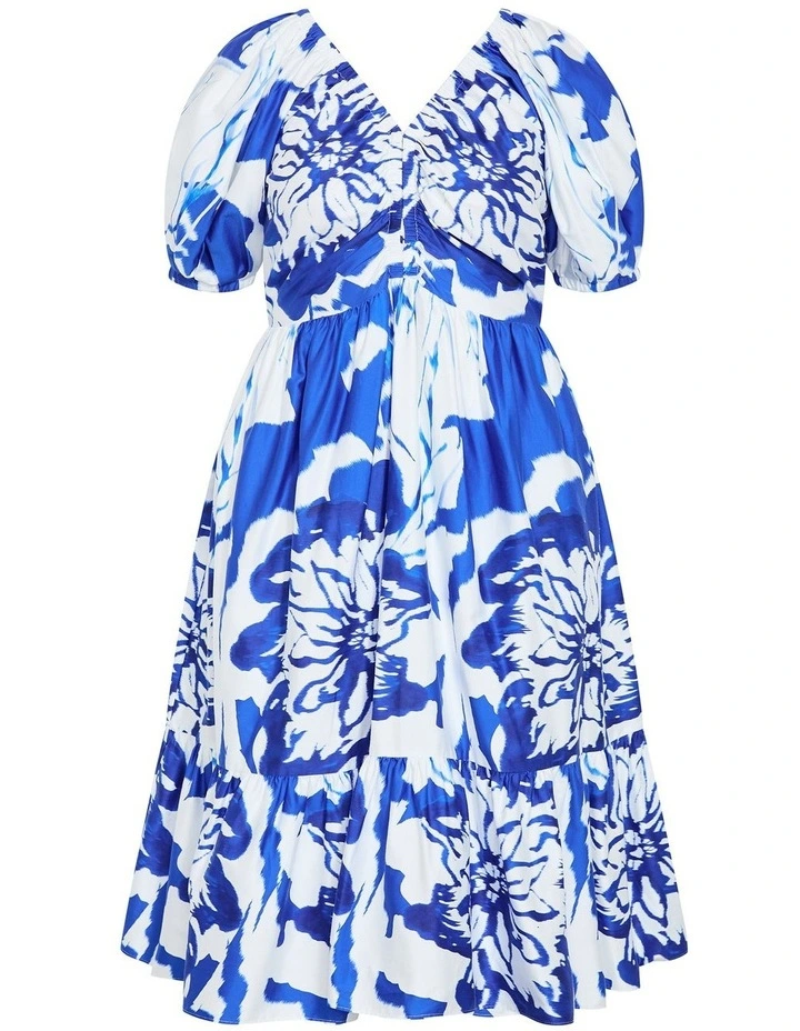 Gracey Print Puff Sleeve Midi Dress in White image 3
