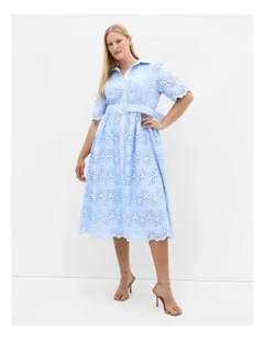 Everlee Broderie Shirt Dress in Soft Blue