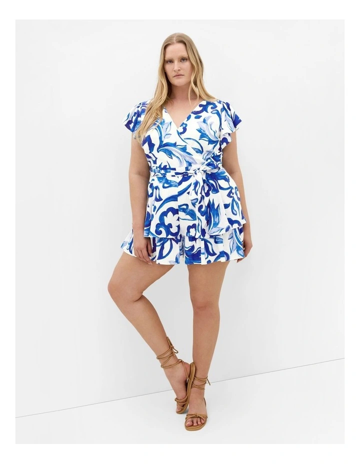 Sunny Frill Palm Print Playsuit in Blue image 1