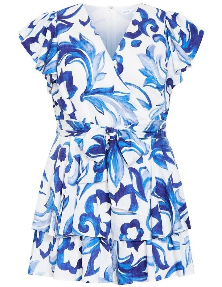Sunny Frill Palm Print Playsuit in Blue image 3