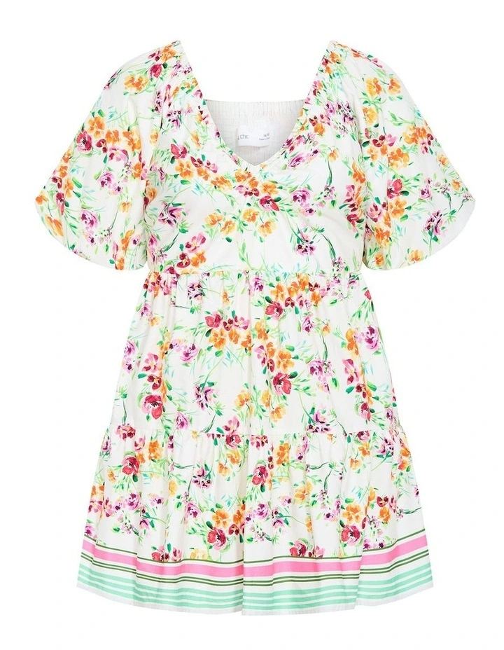 Simona Print Puff Sleeve Mini Dress in Ivory image 3