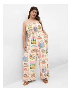 Smocked Print Jumpsuit in Cream