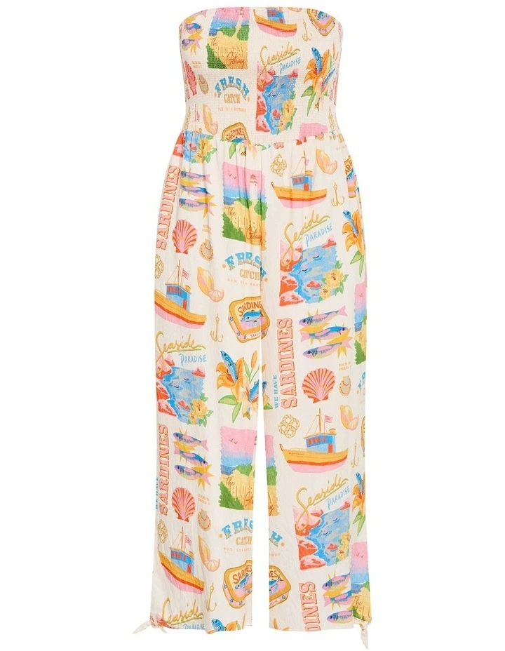 Smocked Print Jumpsuit in Cream image 3