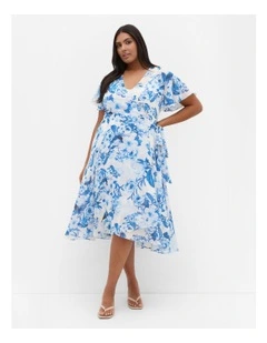 Short Sleeve Print Wrap Midi Dress in Bluebell