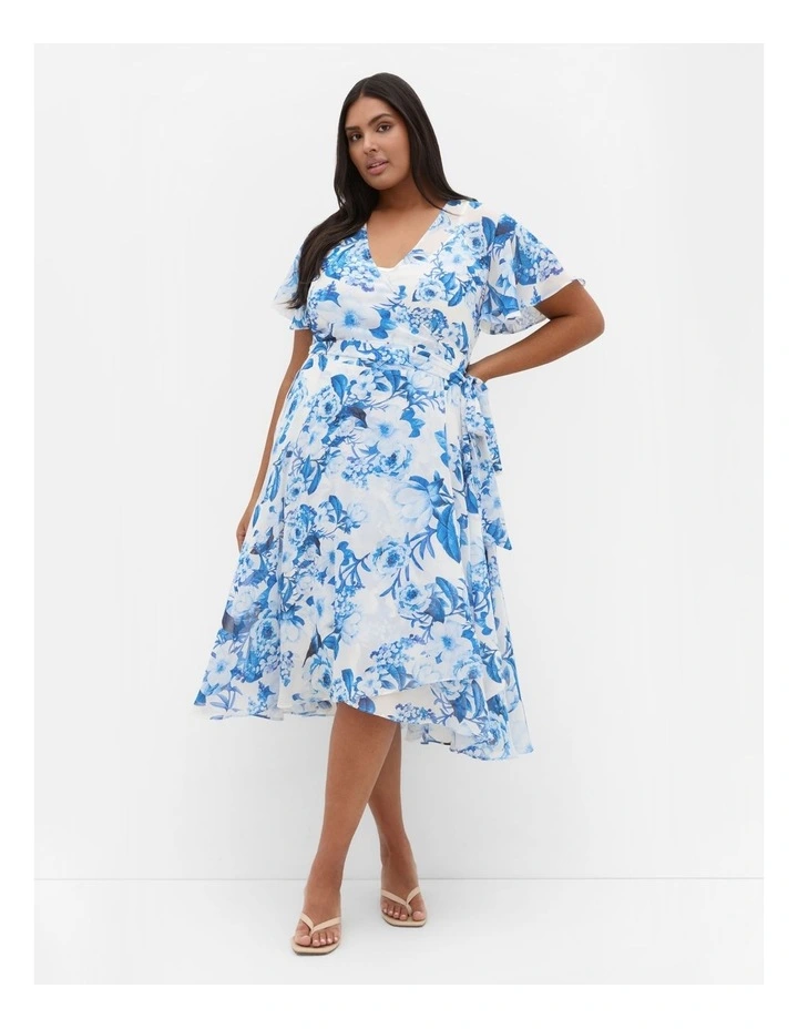 Short Sleeve Print Wrap Midi Dress in Bluebell image 1