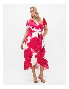 Bea Floral Wrap Midi Dress in Raspberry