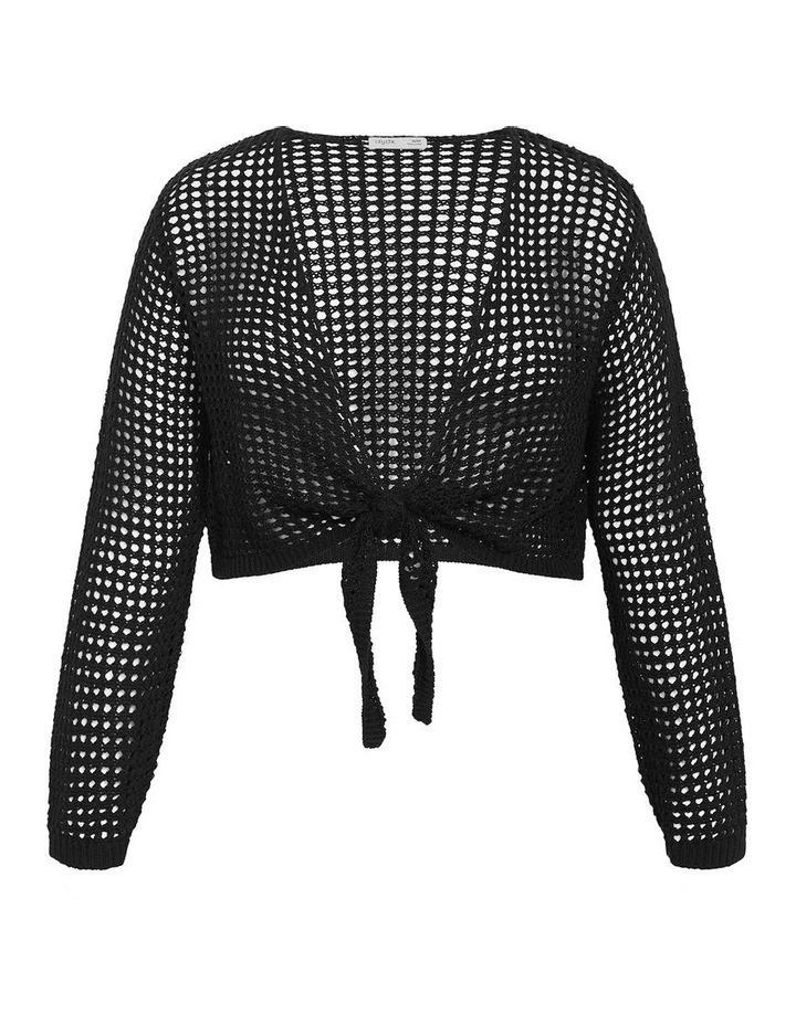 Crochet Tie Front Cover Up in Black image 3