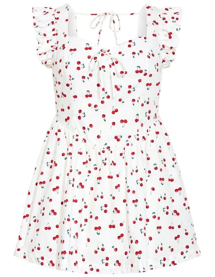 Cherry Print Mini Dress in Ivory image 3