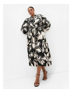 Kinsley Mono Print Midi Dress in Bone