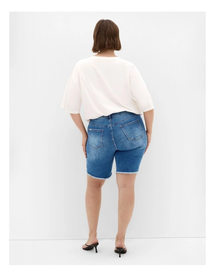 Distressed Longline Denim Shorts in Mid Wash image 2