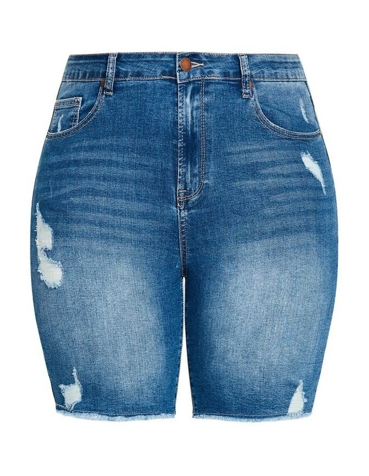 Distressed Longline Denim Shorts in Mid Wash image 3