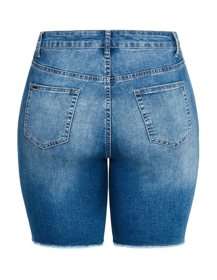 Distressed Longline Denim Shorts in Mid Wash image 4