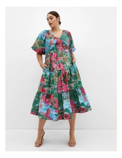 Fantasy Print Puff Sleeve Midi Dress in Multi