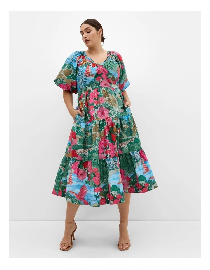 Fantasy Print Puff Sleeve Midi Dress in Multi image 1