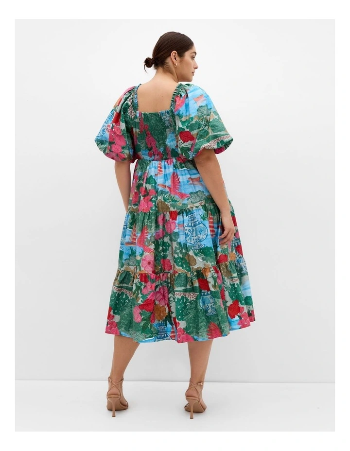 Fantasy Print Puff Sleeve Midi Dress in Multi image 2