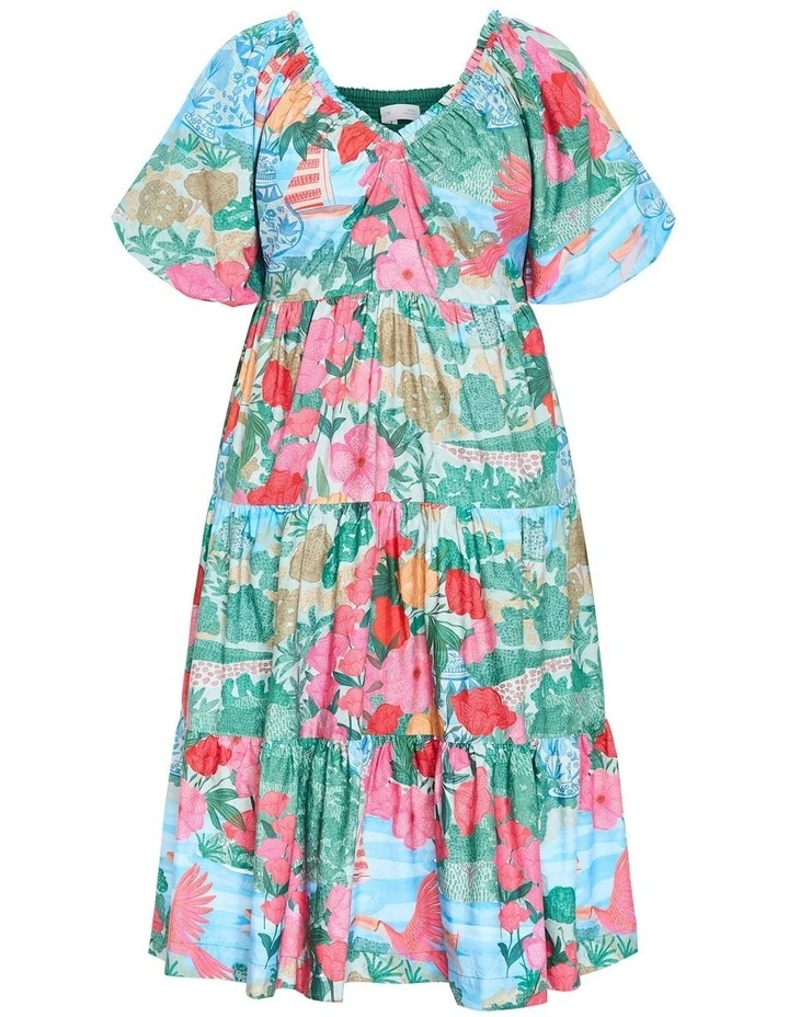Fantasy Print Puff Sleeve Midi Dress in Multi image 3