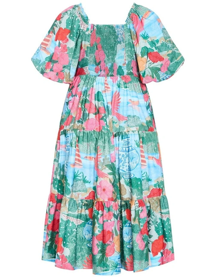 Fantasy Print Puff Sleeve Midi Dress in Multi image 4