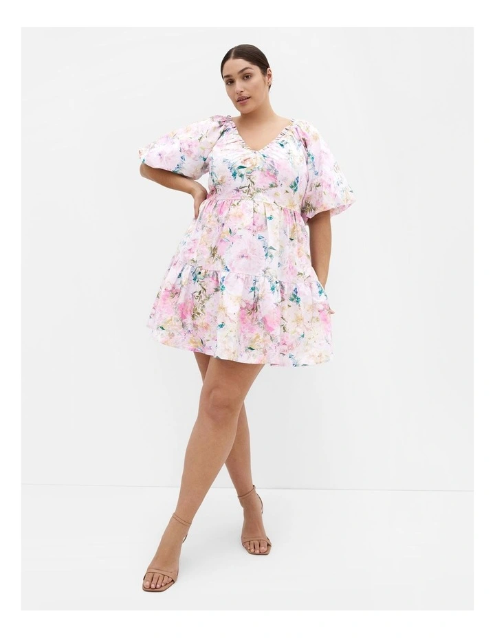 Fantasy Garden Print Puff Sleeve Mini Dress in Soft Pink image 1