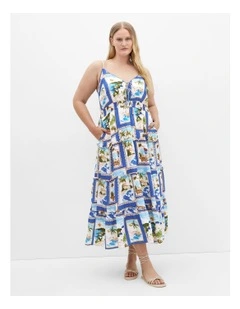 Aiza Postcard Print Maxi Dress in Ocean Blue