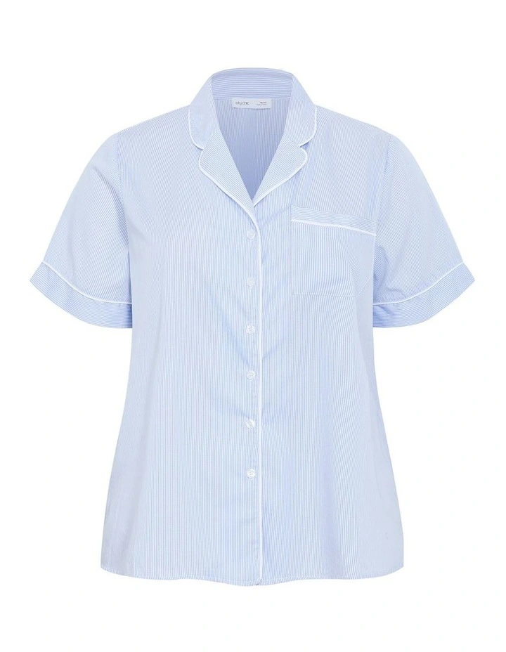 Plus Size Stripe Cotton Pyjama Shirt in sky blue image 3