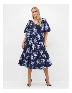 Fantasy Floral Print V Neck Dress in Navy