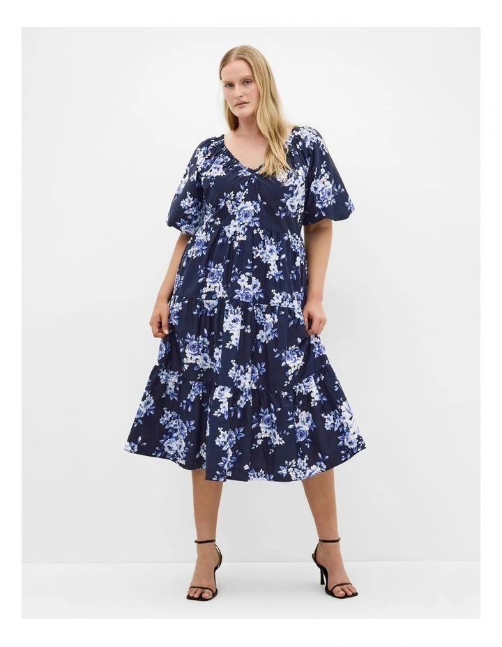 Fantasy Floral Print V Neck Dress in Navy image 1