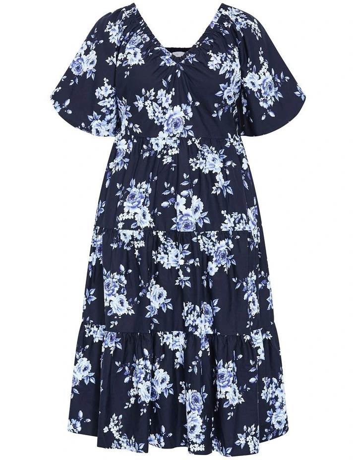 Fantasy Floral Print V Neck Dress in Navy image 3