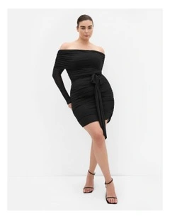 Halle Mesh Tie Ruched Dress in Black