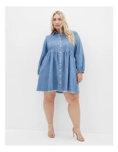 Dulce Long Sleeve Shirt Dress in Light Denim