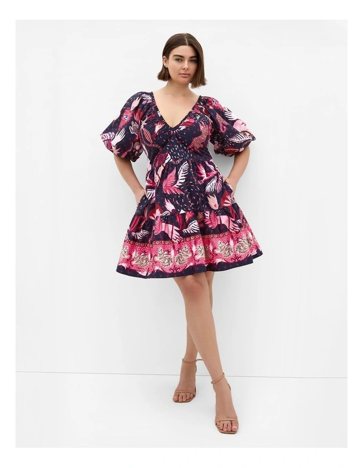 Simona Print Puff Sleeve Mini Dress in Navy image 1