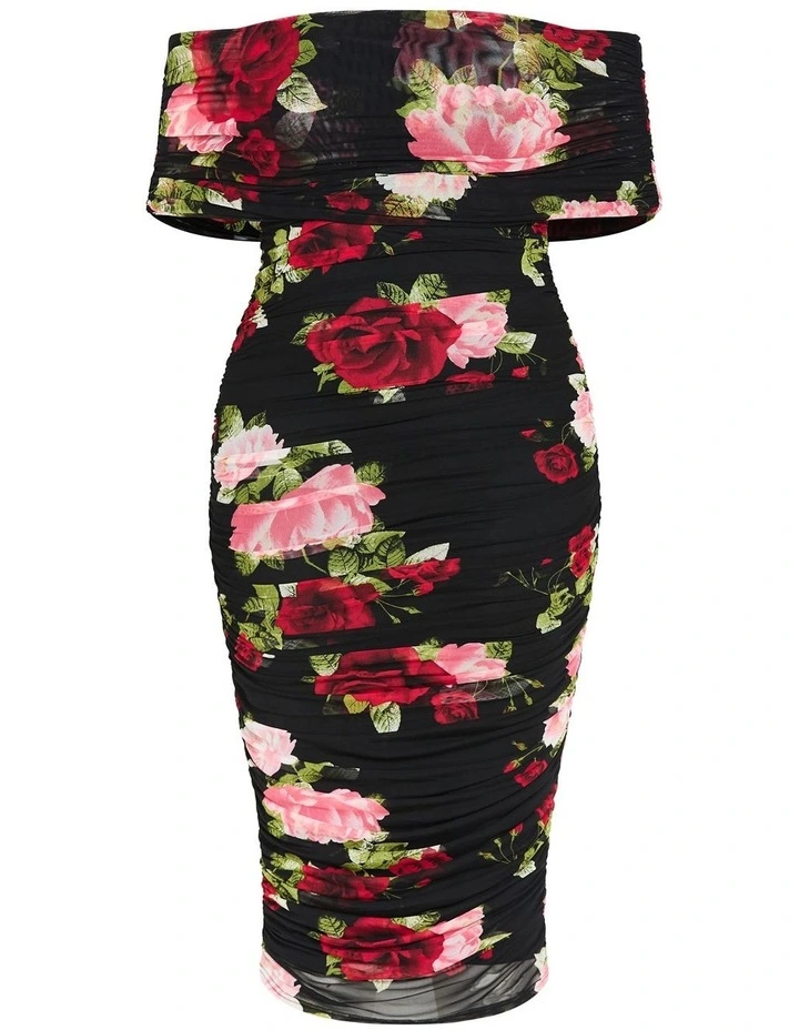Plus Size Dana Mesh Rose Print Dress in black image 3